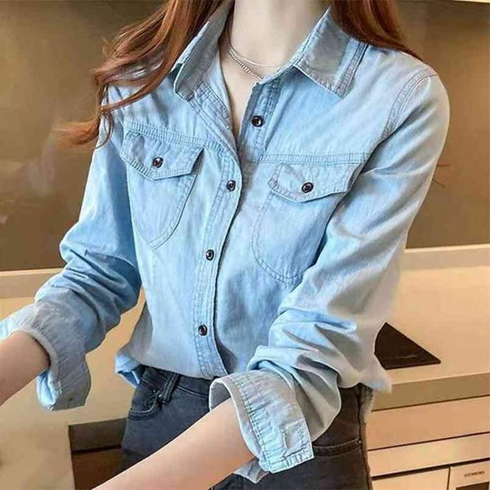 springautumn korean style women long sleeve cotton linen blouse slim