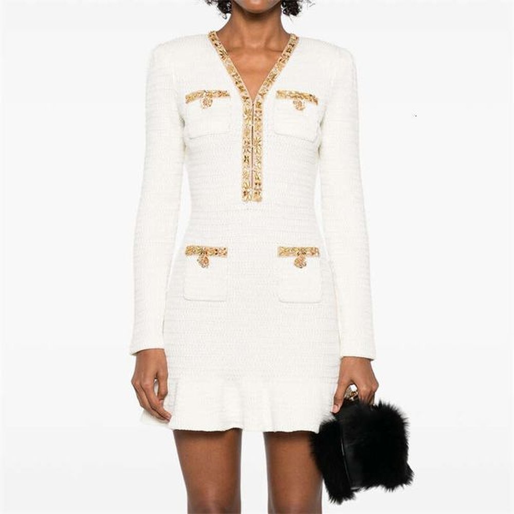 springnew womens vneck dia decoratedlongsleeved knit dress yk quality