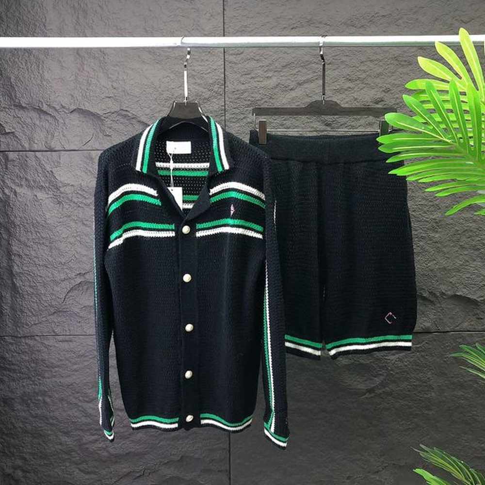 2024 Spring/Summer Designer Fashion Casual Men's Casual Knitwear Color blocked Pattern Knitwear Long Sleeve Set Knitted Shorts Women 