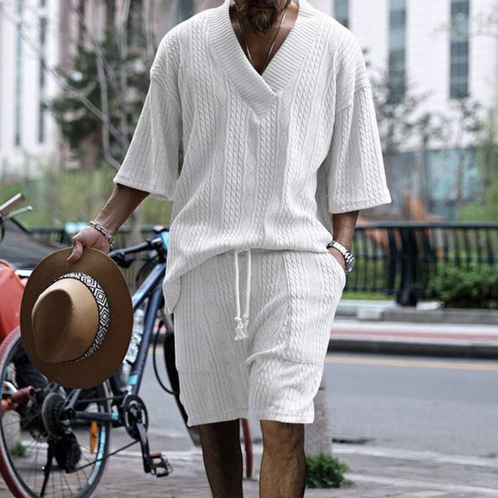 2024 Spring/Summer New Casual Loose 7/4 Sleeve Jacquard Knitwear Top Shorts Men's Set M513 65 dcbf