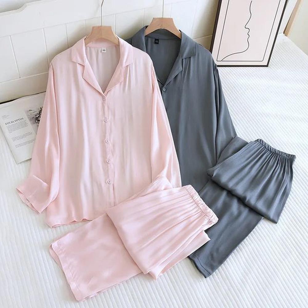springsummer thin gongsatin pajamas long sleeved women and men set