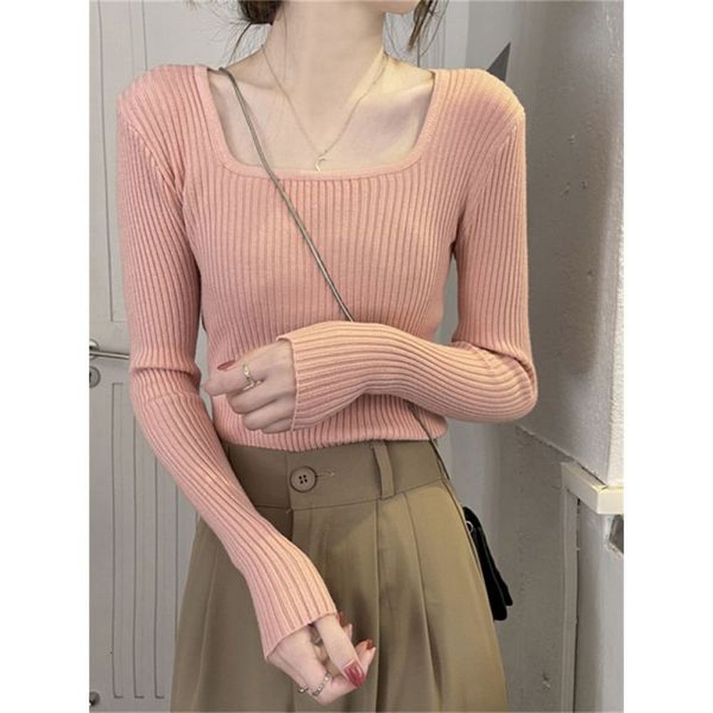 square neck womens autumn and winter new style long sleeved