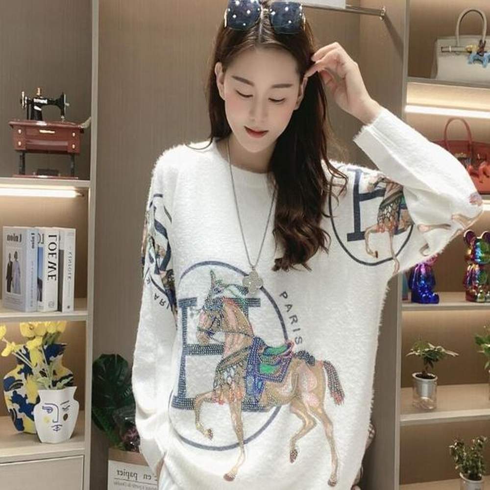 ss luxury sweaters womens long sleeve rhinestone horse pullover designer
