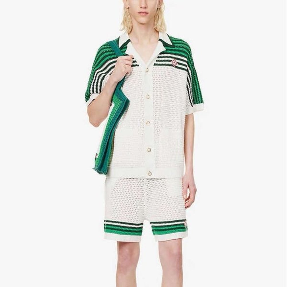 24ss Men Designer Wool Knitted Shorts High Quality Loose Couple Woven Stripe Shorts High Elastic Hollow Out Casual Lapel Button Knit Cardiga