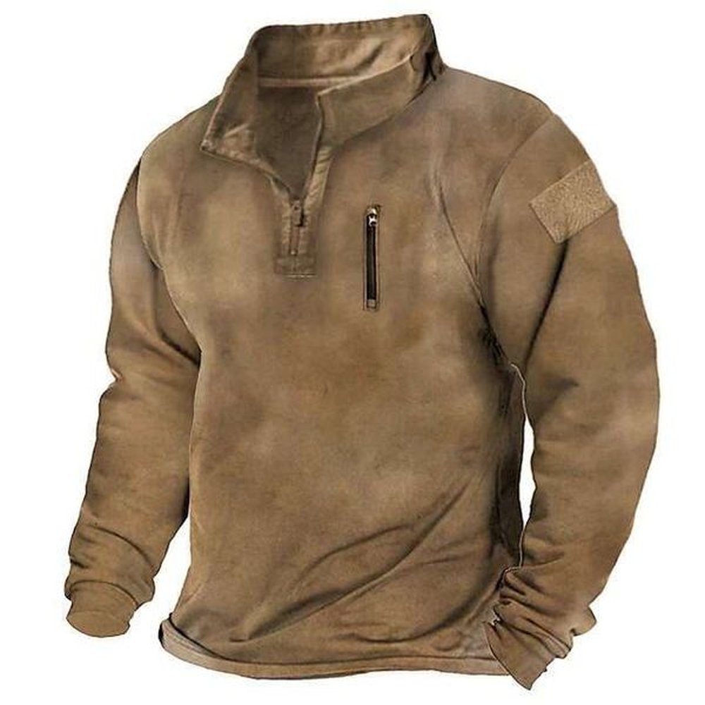 Stand Up Collar Men's Hoodie, Spring Loose Solid Color, Outdoor Warm And Breathable Tactical Outfit