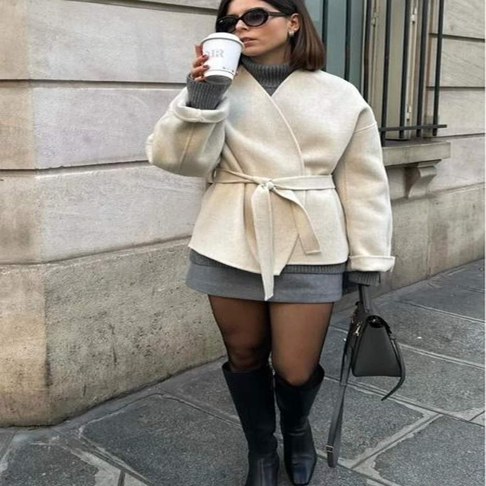 strapless jacket lace minimalist beige gentle short wool coat waist