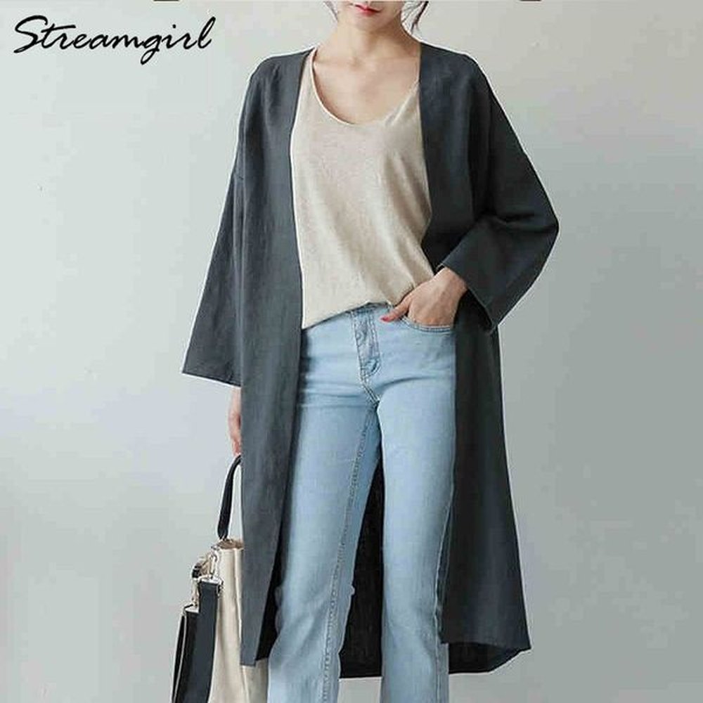 streamgirl autumn long trench coat for women cotton linen loose