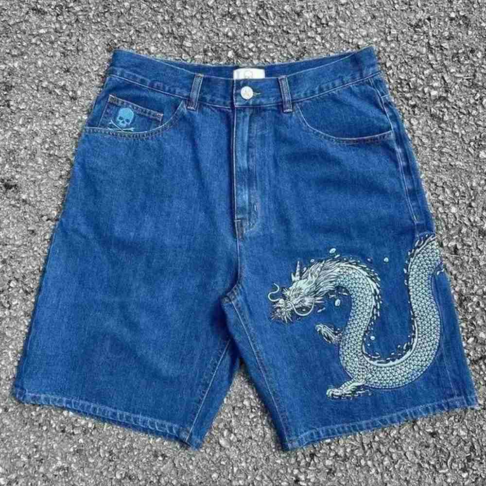 Street clothing Gothic fashion men shorts Harajuku dragon pattern loose fitting casual denim for and women y820 X2502031