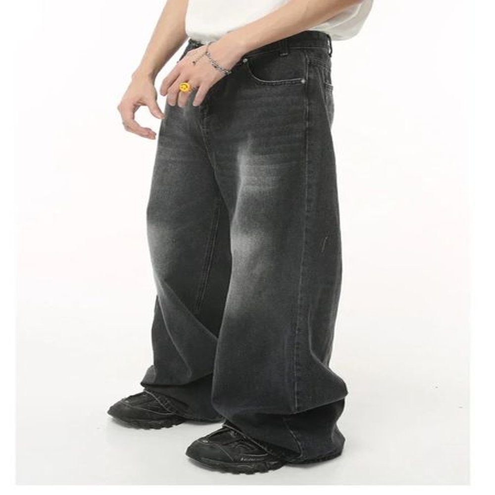 Street Fashion American Retro Black Gray Denim Pants Trendy Denim Zipper Wide Leg Loose Straight Leg Pants 250115