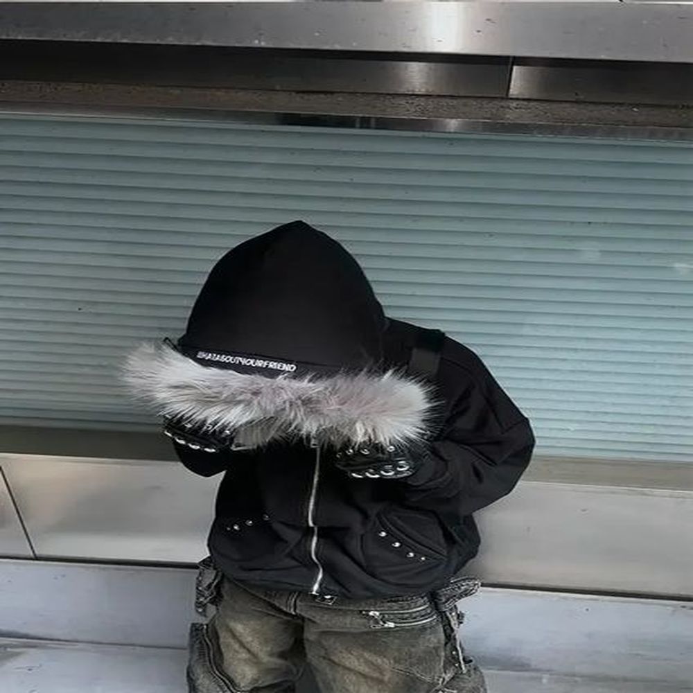street fur collar black zipper hoodie loose casual sweatshirt coat
