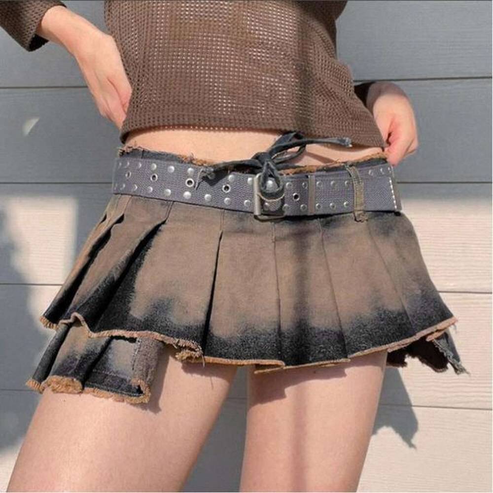 street high waist strap denim irregular one piece pleated