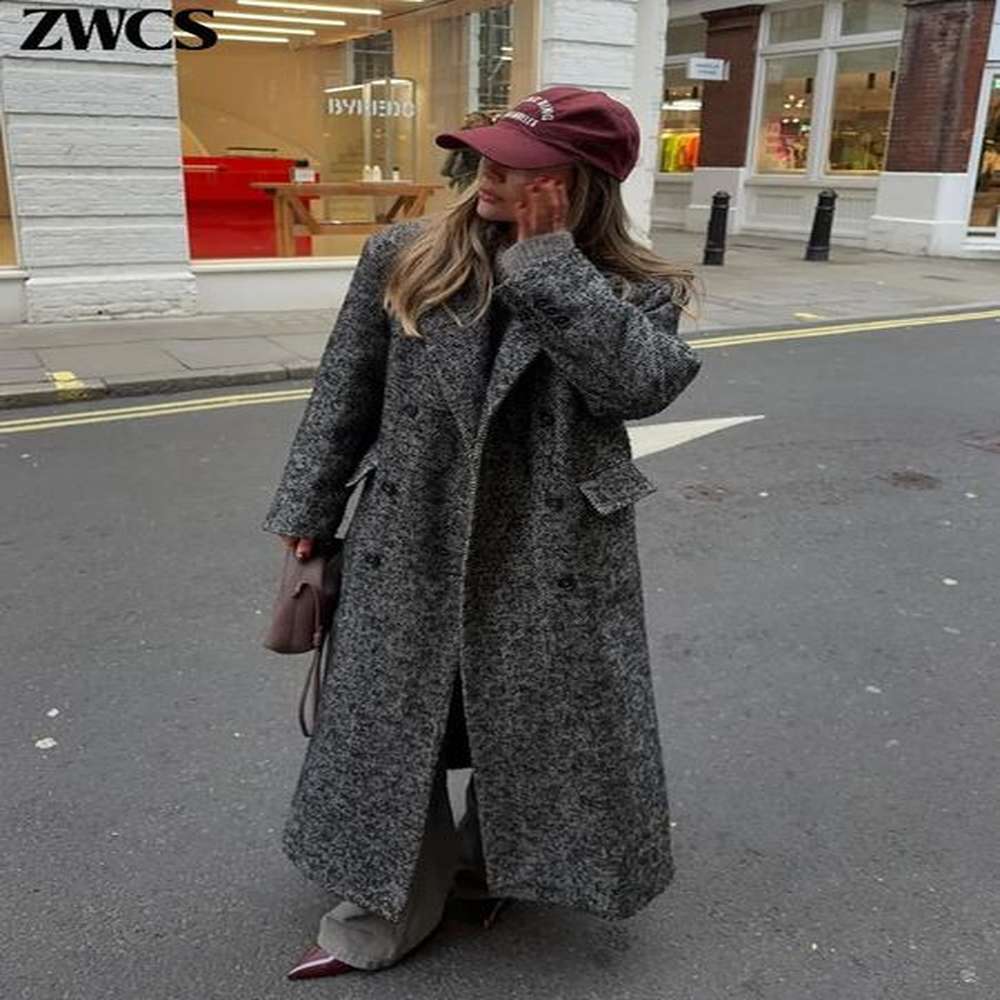 street ribbed woolen long coat women elegant double breasted lapel