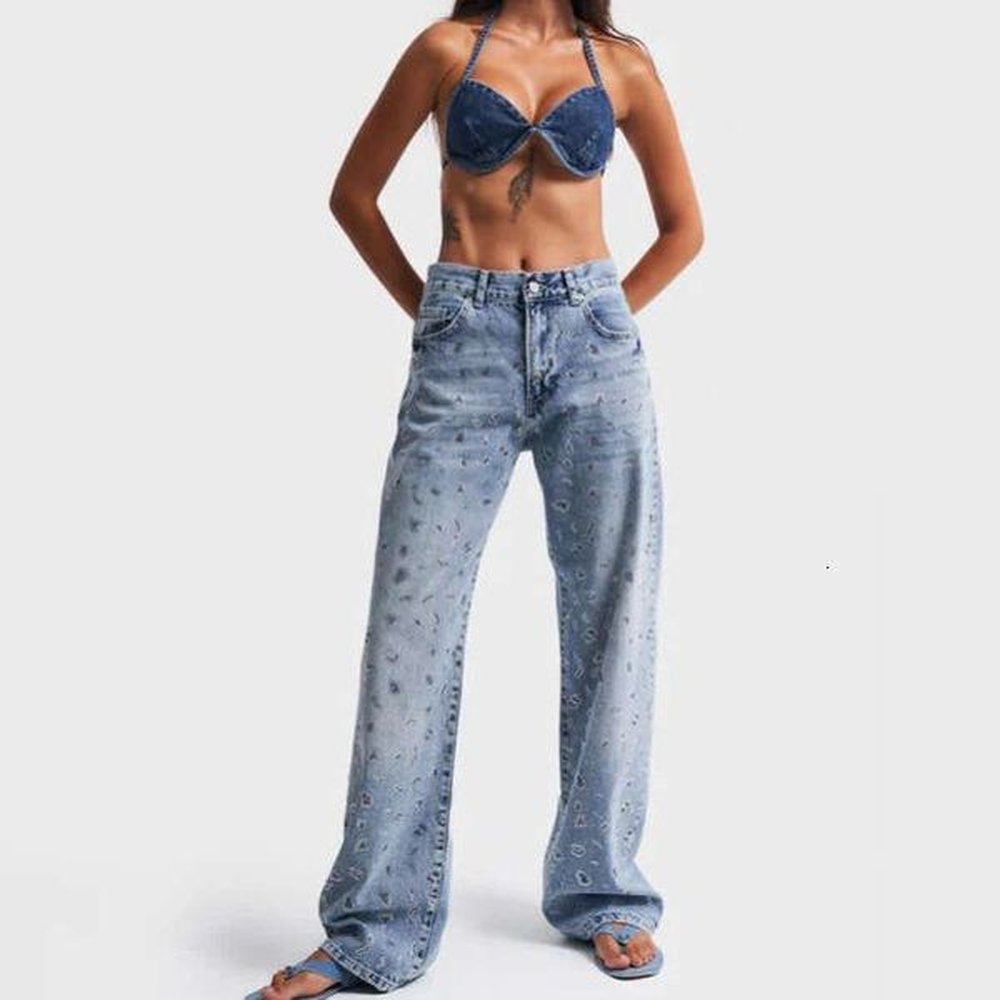 street style vintage hot pressed diamond women straight leg high
