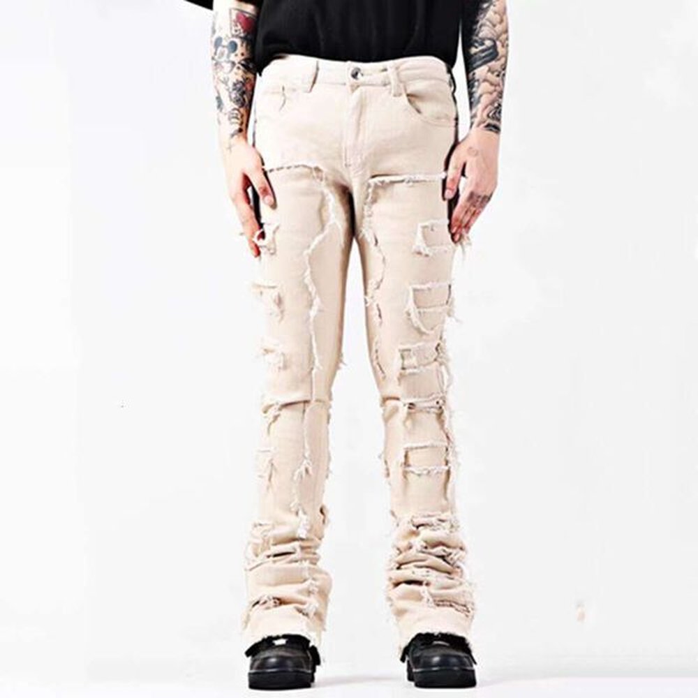 Street trend personalized patch denim pants, men's slim fit casual micro flared jeans M515 69