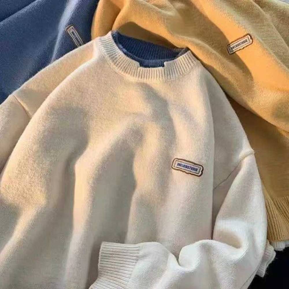 Street Trendy Round Neck Sweater for Boys Autumn and Winter New Style Trendy Brand Versatile Solid Color Knitted Sweater Hoodie with ThreadX