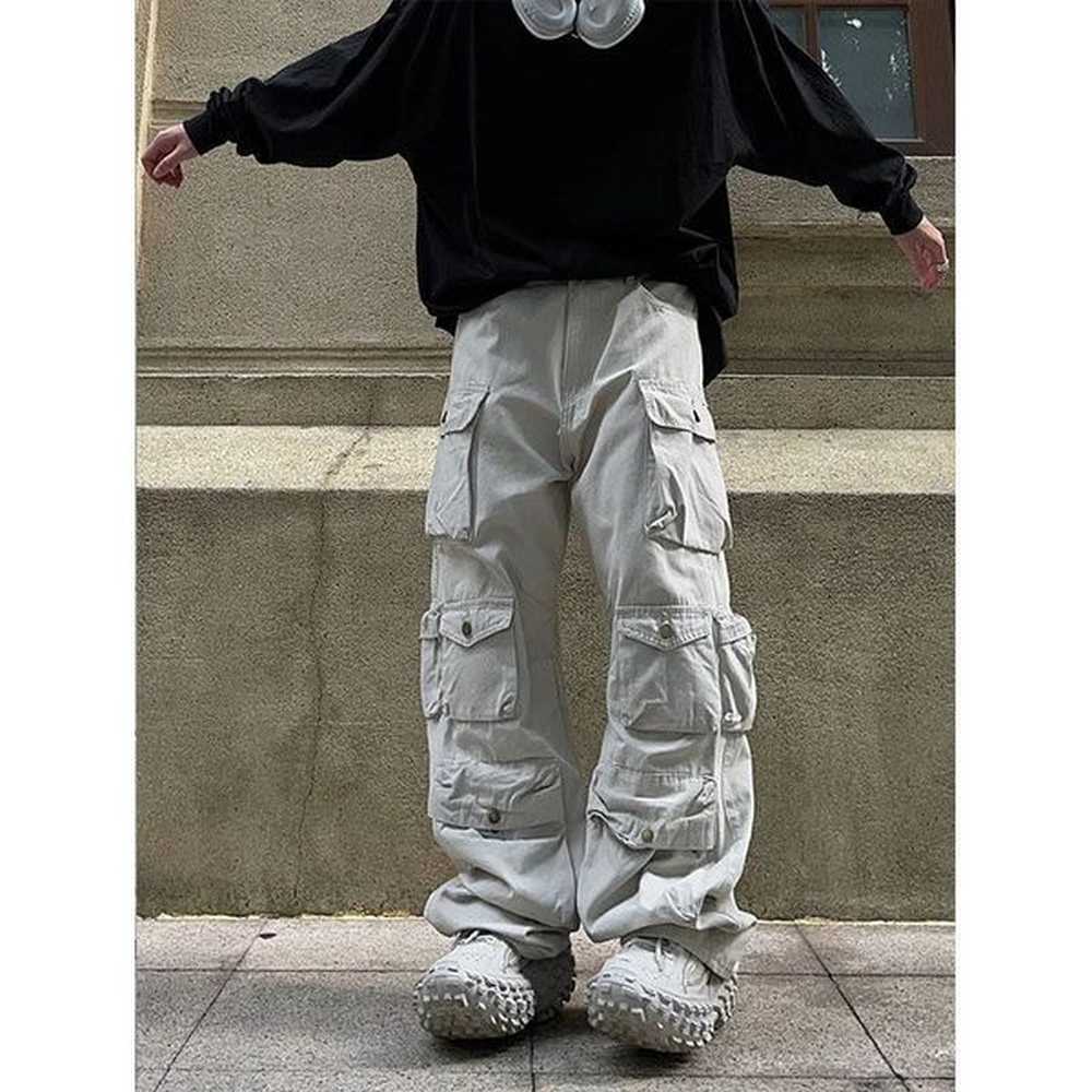 Street White Multi-pocket Overalls Mens Harajuku Style Loose Casual Trousers Straight Mopping Pants Autumn 241209