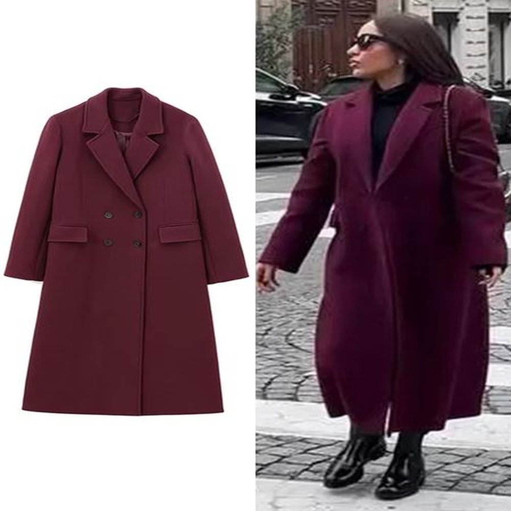 street womens burgundy woolen overcoat with belt vintage lapel double