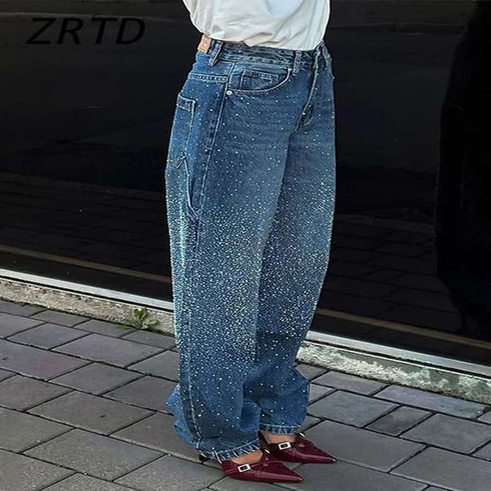 street womens rhinestone jeans casual high wait wide leg pockets