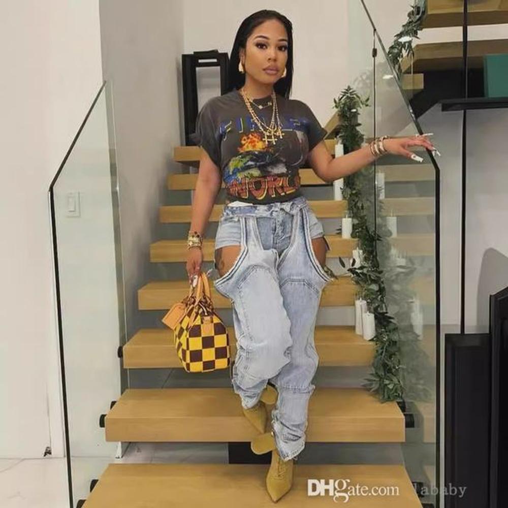 streetwear denim pants women fashion irregular hollow out patchwork zipper
