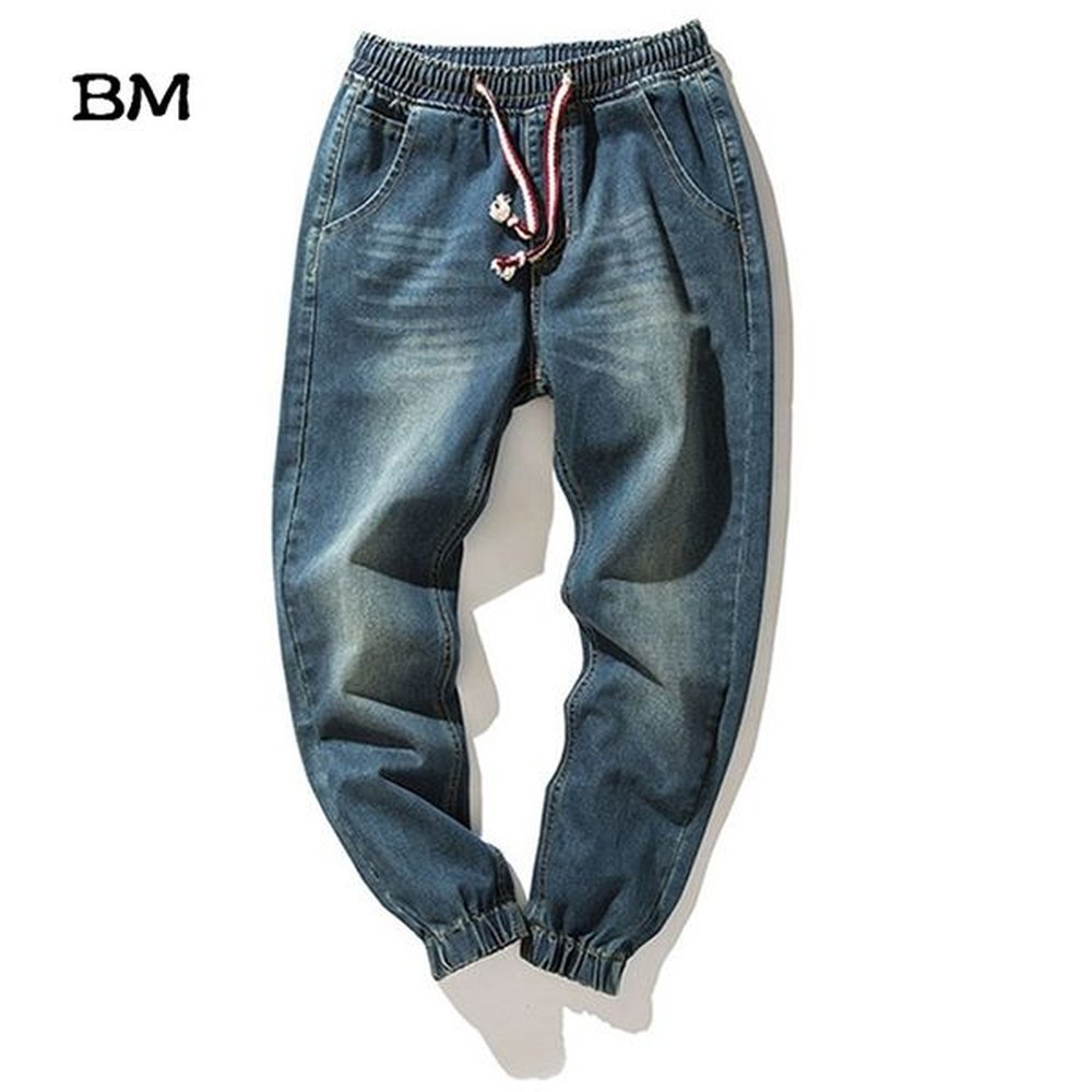 Streetwear Denim Stretch Elastic Waist Jeans Men Blue Cargo Harem Male Plus Size 5XL Joggers Korean Full Length Pants 211108