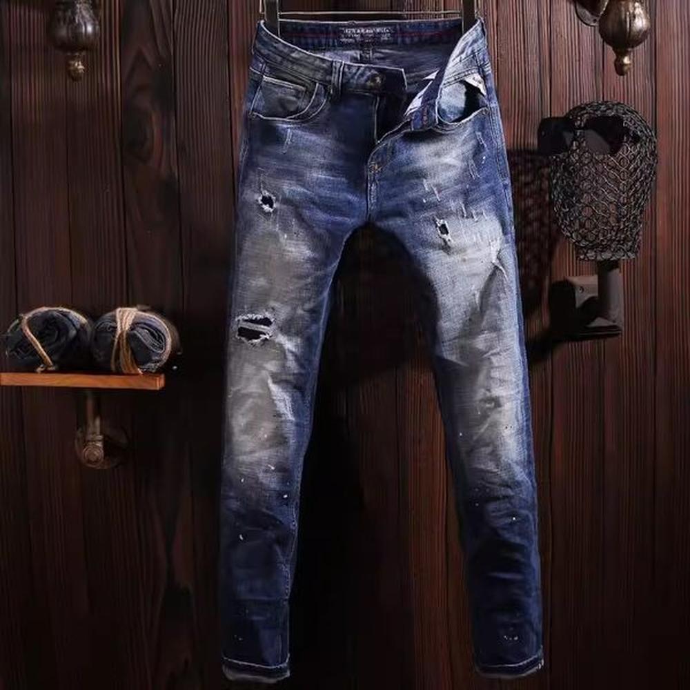 Streetwear Fashion High Quality Retro Blue Stretch Slim Fit Ripped Jeans Men Hole Patched Designer Vintage Denim Pants