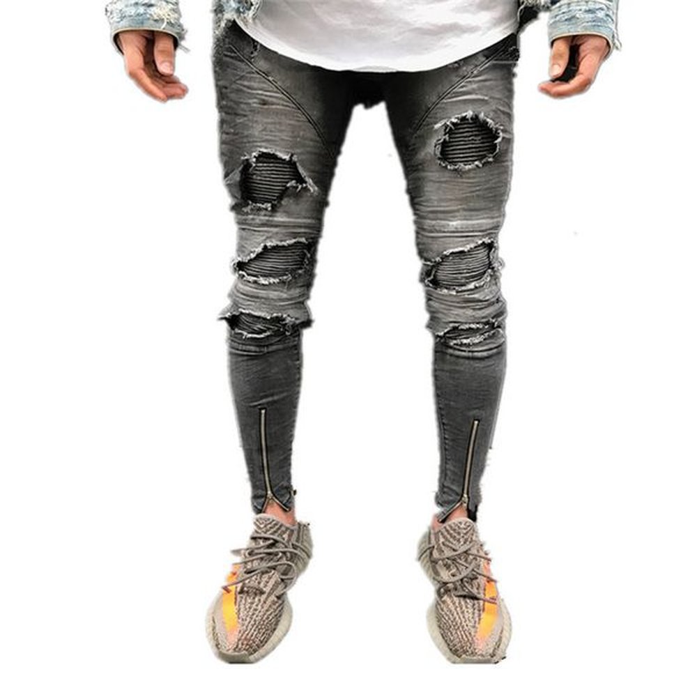 Streetwear Jean Mens Fashion Knee Ripped Heavy Damaged Slim Fit Skinny Cotton Jeans Pants Plus Size Wholesale