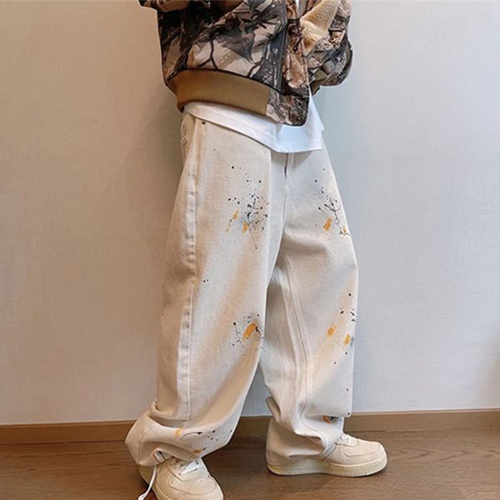 Streetwear Mens Jeans Foil Paint Splatter Wide Leg Opening Men White Denim Pants Full Length 241111