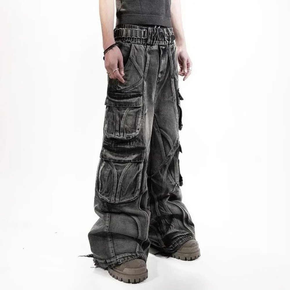 streetwear pop rock hiphop multipocket stitching baggy jeans women yk