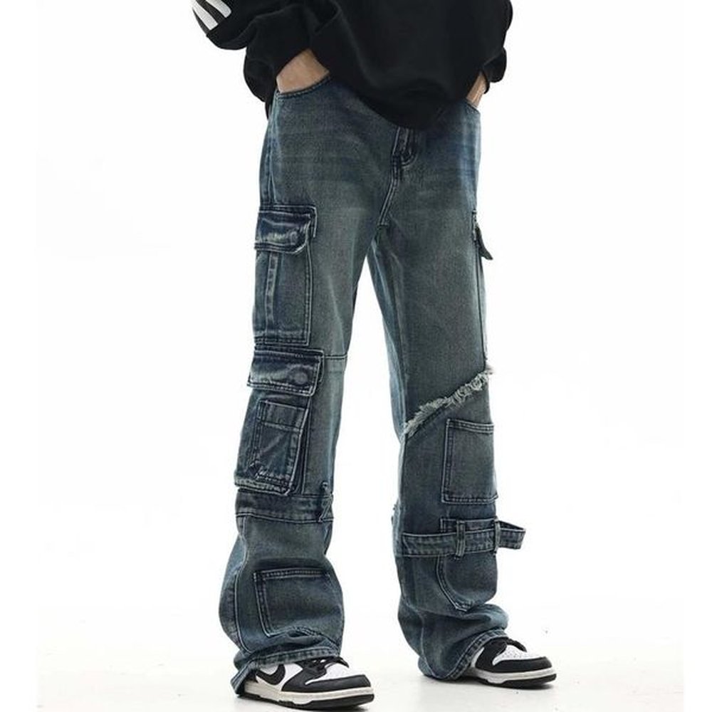 Streetwear Side Pocket Baggy Denim Trousers for Men and Women Washed Casual Jeans Oversized Cargo Pants