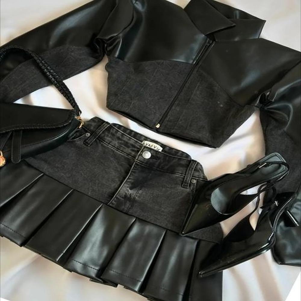 streetwear two piece set womens yk clothes retro leather patchwork