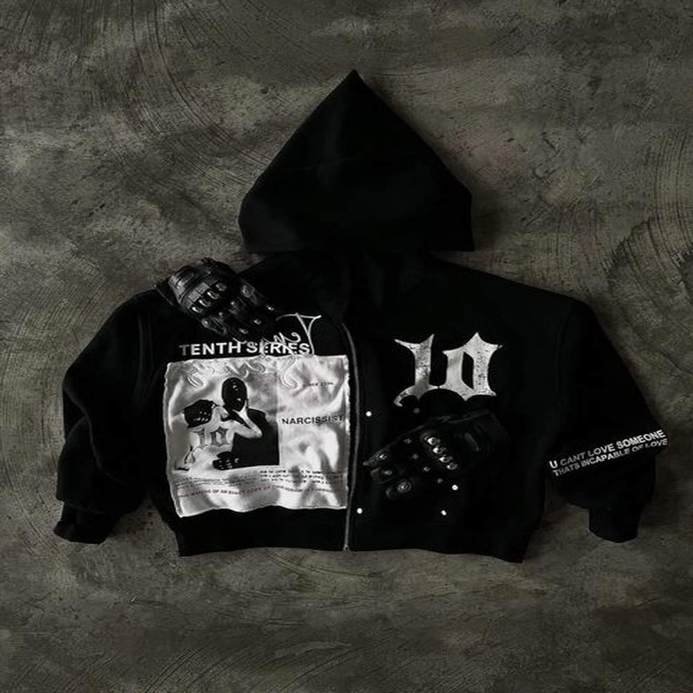 Streetwear Zipper Hoodie Sweatshirt Y2k Hip Hop Retro Graphic Patch Work Super Big Mens Gothic Jacket 240910