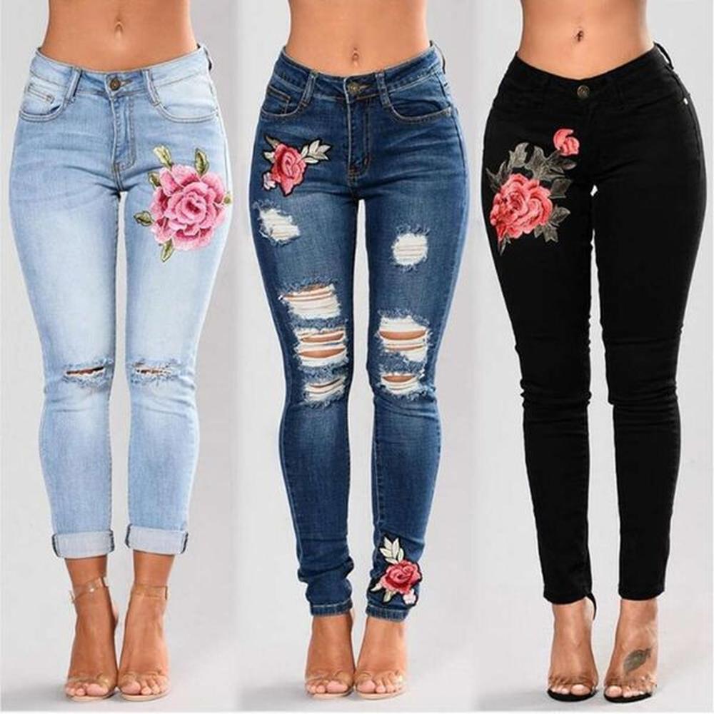 stretch embroidered jeans for woman elastic flower jeans female slim