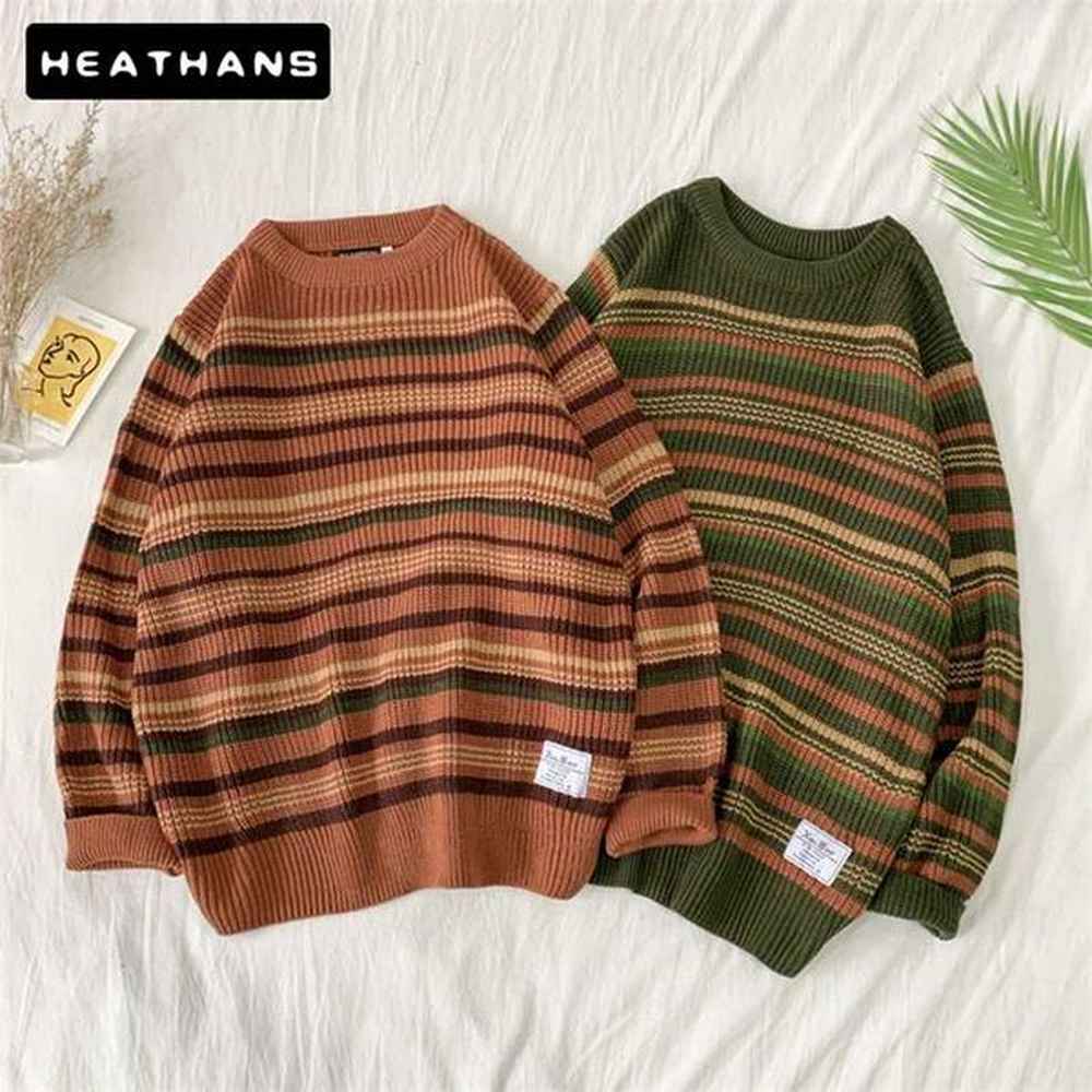 Stripe Sweater Men Vintage Thick Coarse Wool Korean Loose O-Neck Pullover Sweater Men Contrast Color Casual Wild Personality Top 211018