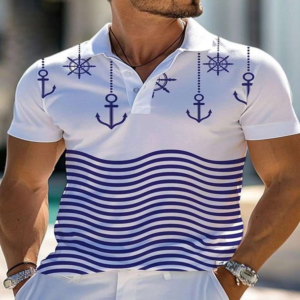 Striped Anchor Mens Casual 3D Polo Shirt Street Polyester Short Sleeve Turndown Polo Shirts Summer Micro-elastic Lapel Polo 240810