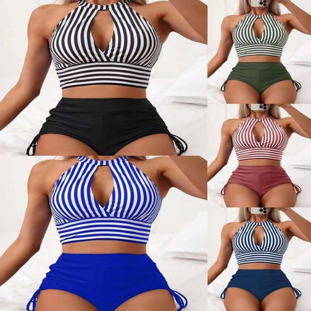 striped high waist simple style bikini swimsuit sexy suit womens