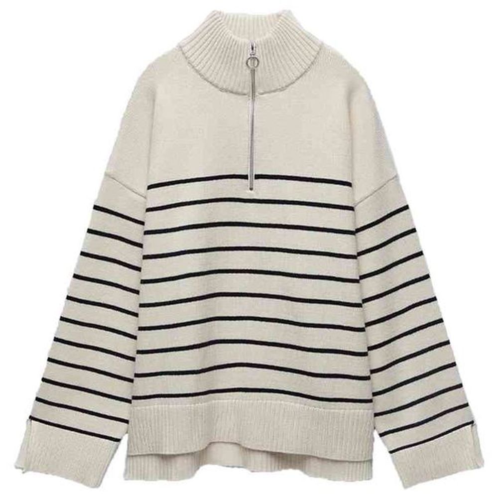 striped long sleeve mock neck loose knit sweater