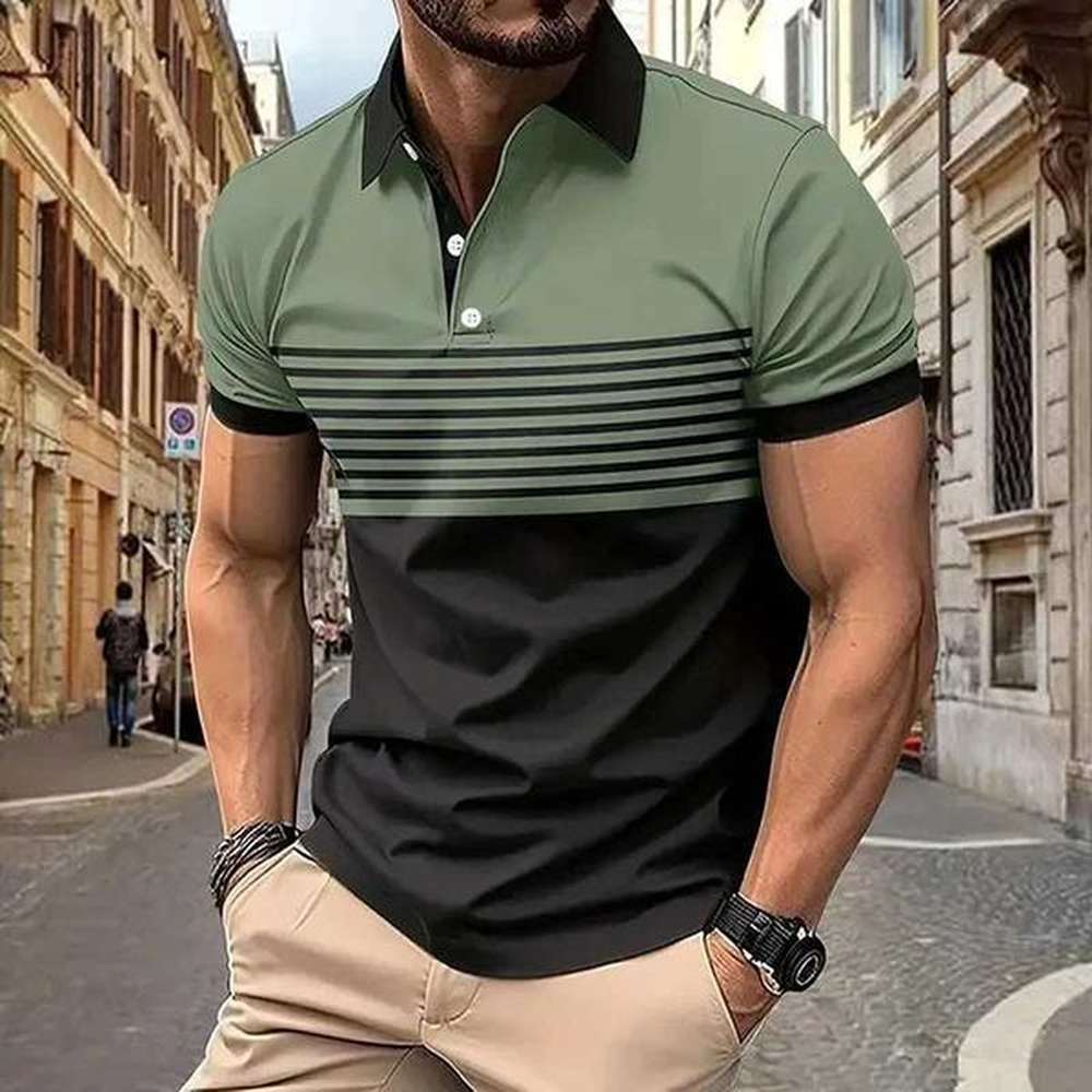 Striped Mens Short Sleeve Lapel Polo Shirt For Summer Casual Color Block Golf Shirt EUROPEAN MeasurementX241028
