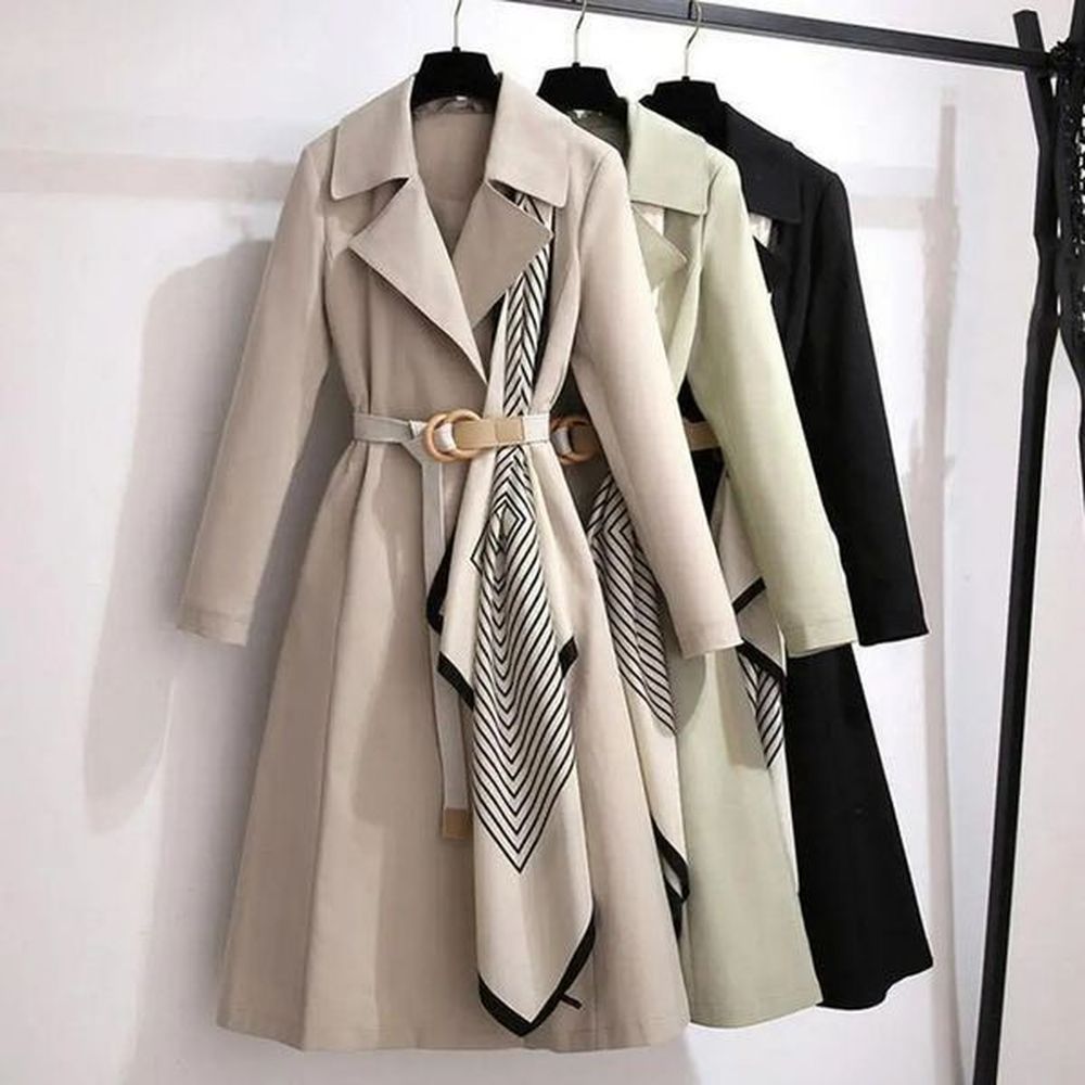 striped scarf draped aline belt open stitch lady windbreaker spring