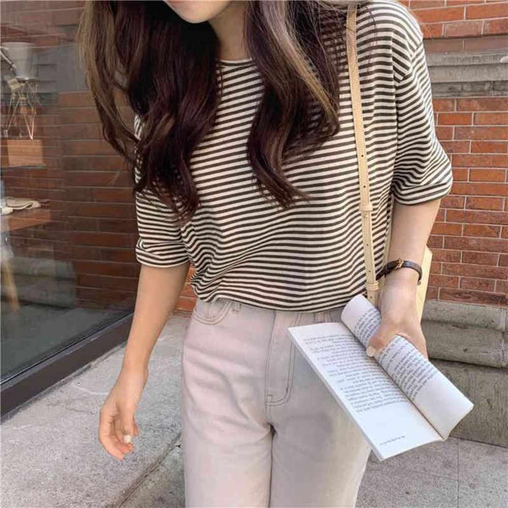 striped summer basic loose geometric cotton brief chic short sleeves