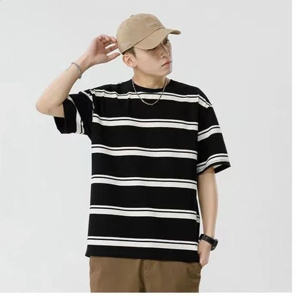 Striped T Shirts Summer Mens Short Sleeve O-neck All-match Youth Trend Plus Size Tops Tees Fashion Casual Men Clothing 250109