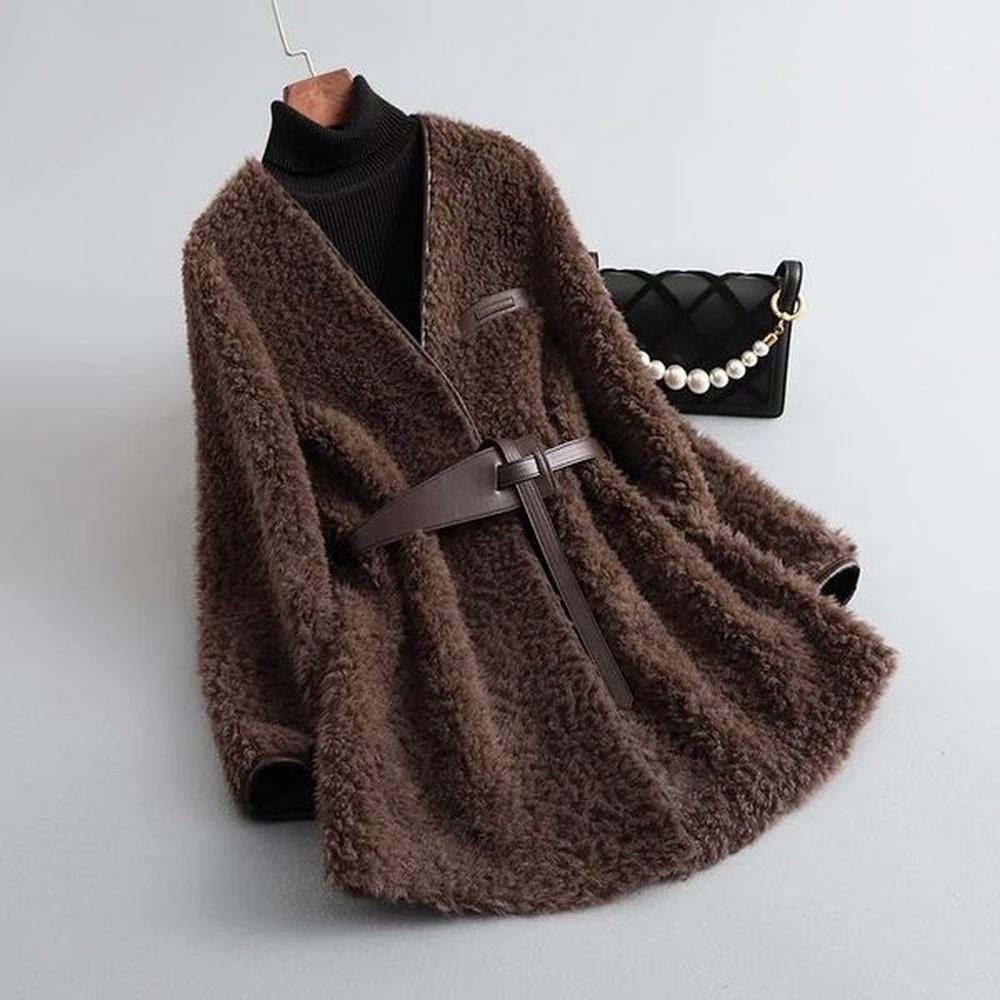 style granulated sheep fleece fur coat vneck lamb wool all