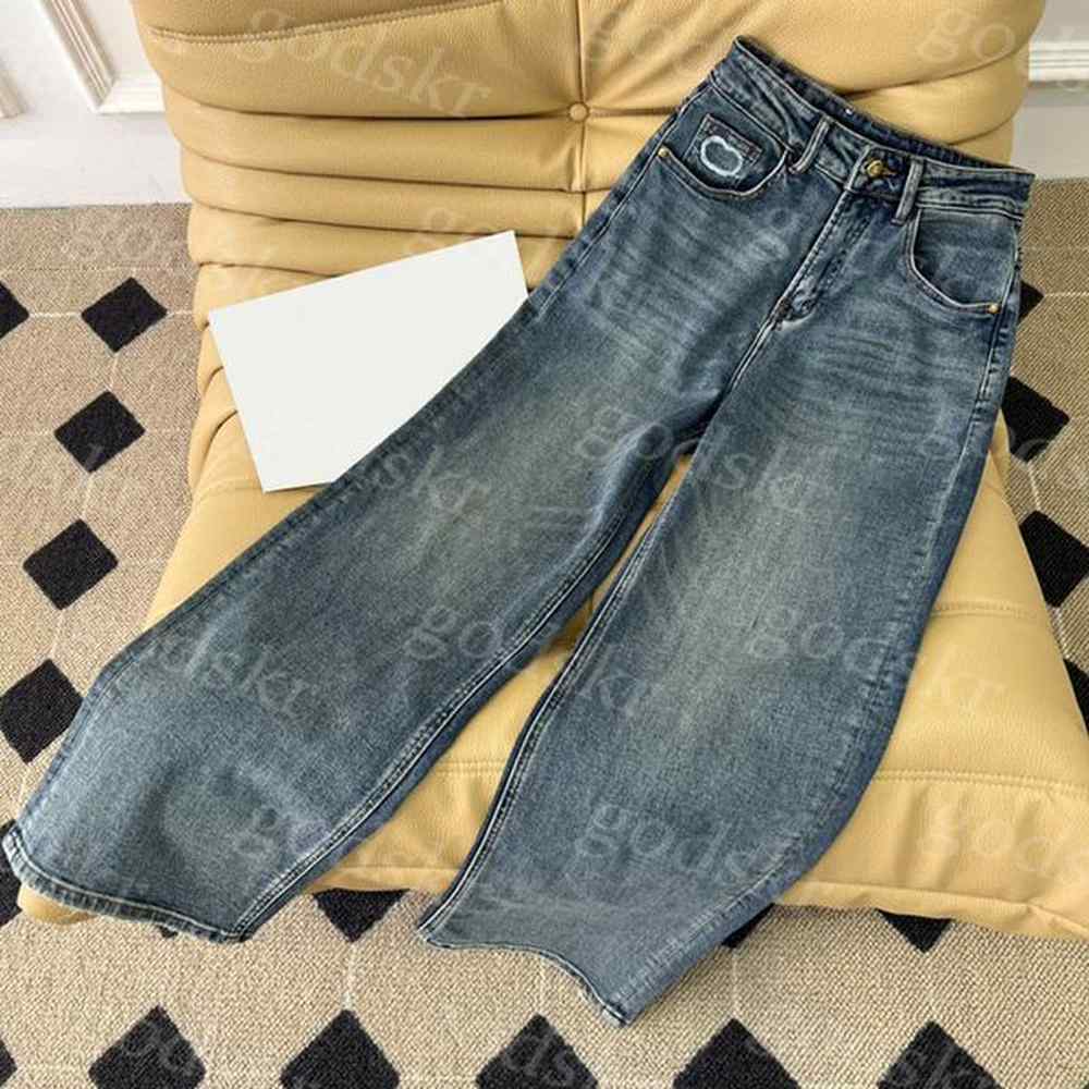 stylish high waisted jeans women embroidery letter straight leg denim