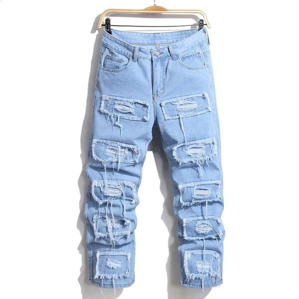Stylish Men Splicing Ripped Patch Loose Jeans Trousers Hip Hop Straight Street Male Motorcycle Biker Denim Pants 240819