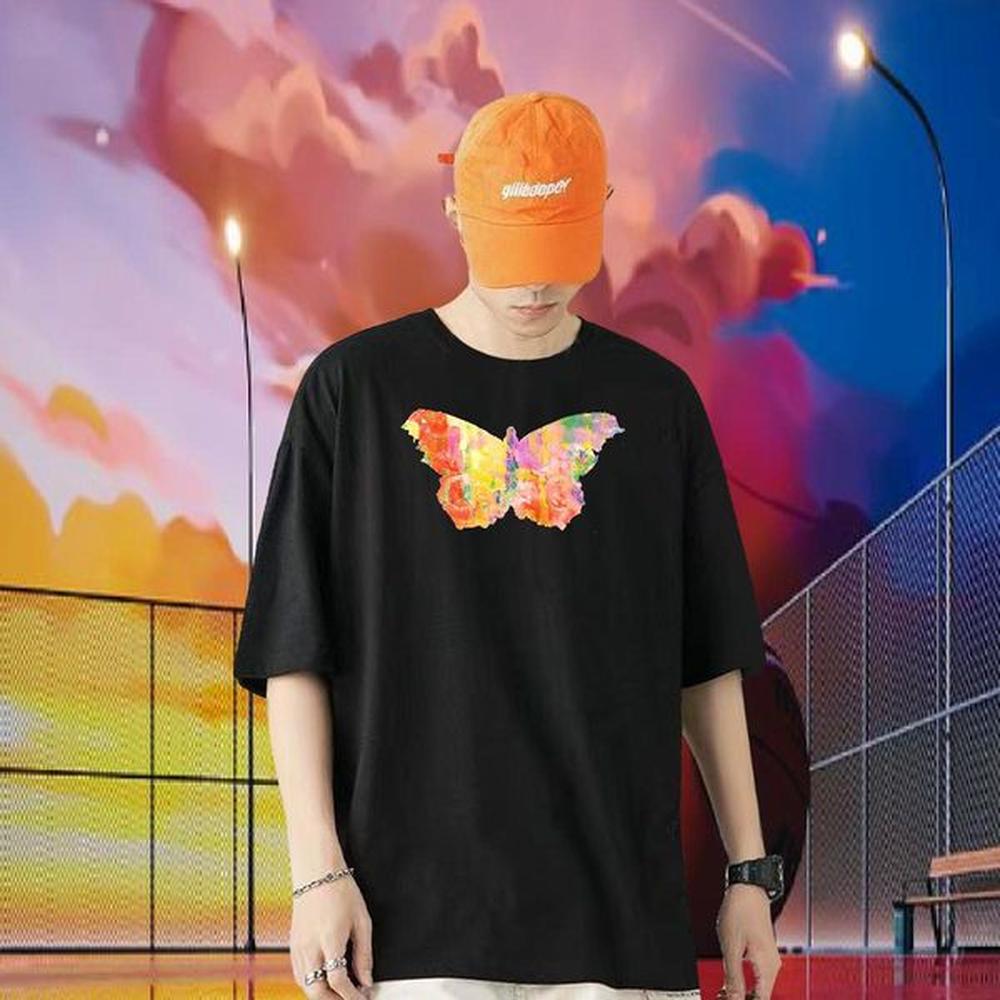 Stylist Men T Shirts 100% Cotton 230g Butterfly Anime Printing Street Wear Breathable Short Sleeve TOP Quality Men Tees Asian Size