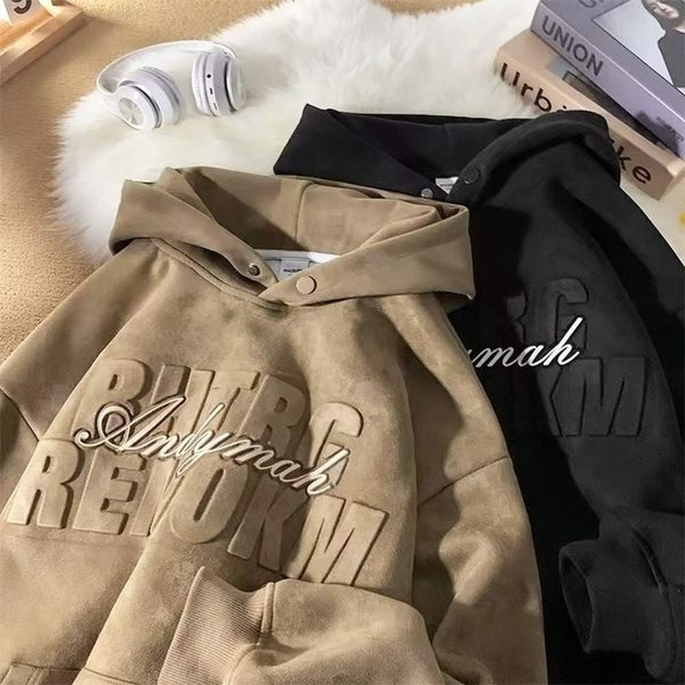 Suede hooded sweater men's spring and autumn American fashion brand heavy stiff coat high sense early autumn new style