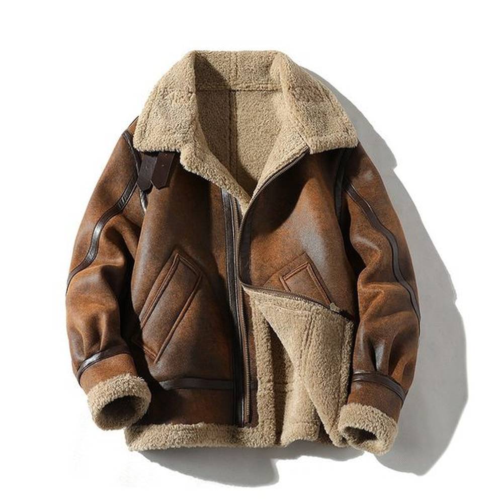 Suede Leather Jacket: Men's Thick Winter Fur One Size Motorcycle Coat