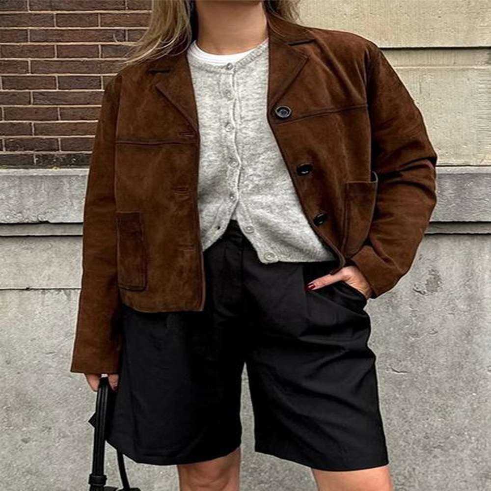suede leather jacket short coat suit collar vintage loose jackets