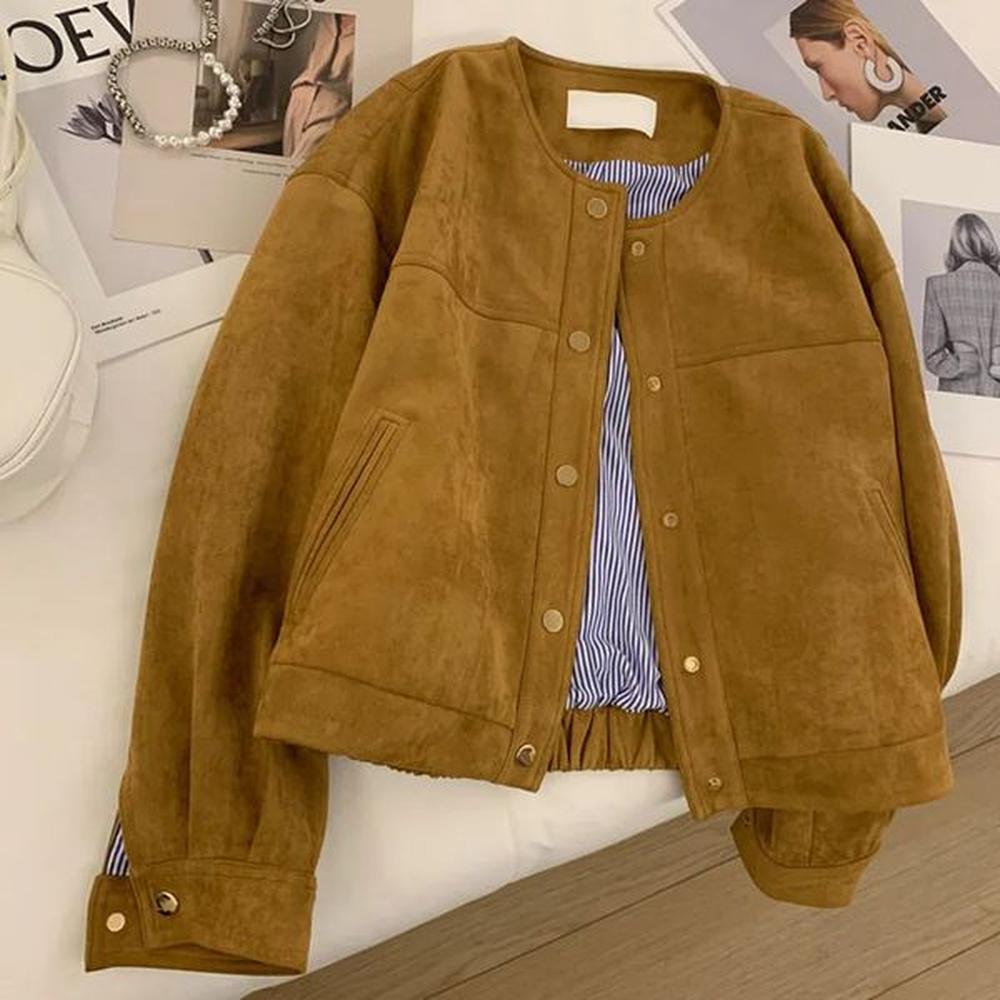 suede short jacket women korean camel fashion long sleeve flight
