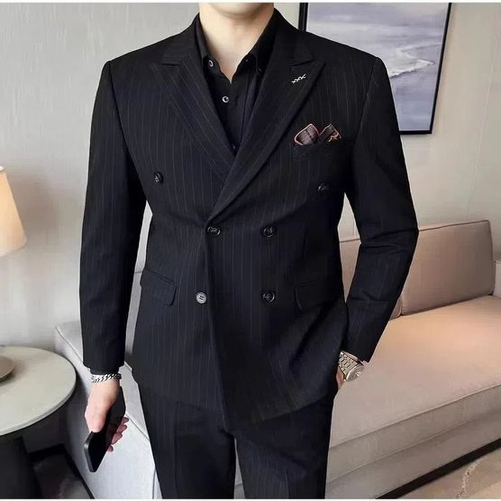 Suit suit mens striped double breasted slim fit jacket stylish business casual youth fashion wedding dress S8025 250210