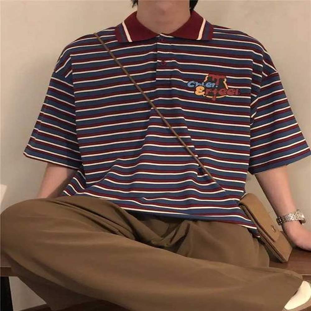 Summer American Street Men and Women Trendy Retro Stripe POLO Short sleeved T-shirt Couple Loose Casual Short sleeved Top y2kXJ241211
